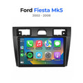 Autoradio CarPlay pour Ford Fiesta Mk5 (2002 - 2008), vu de face sur fond blanc, écran allumé sur l'accueil Apple CarPlay en français