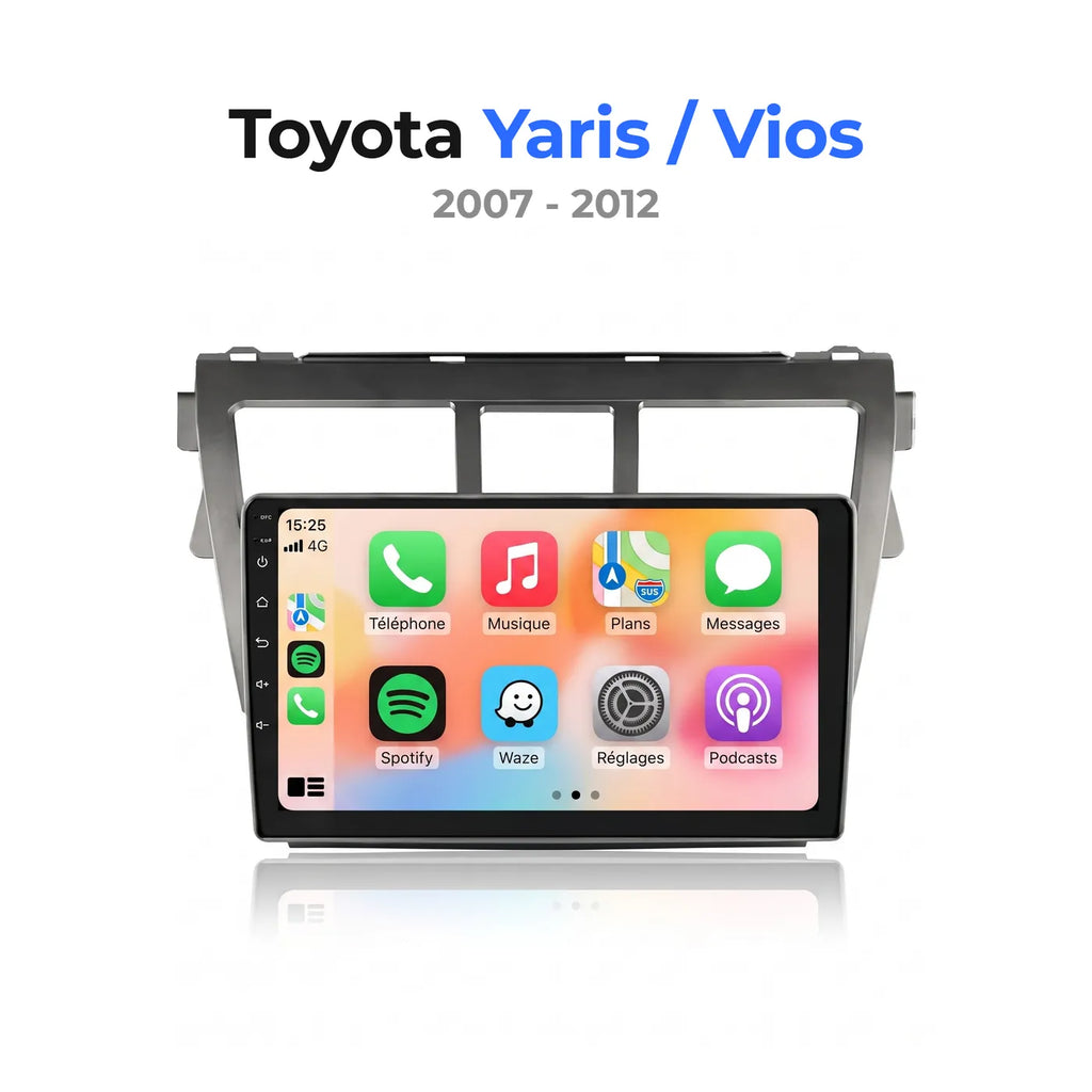 Autoradio CarPlay 9 pouces pour Toyota Yaris et Vios 2007-2012, vu de face avec sa façade d'adaptation grise et son écran allumé sur l'accueil CarPlay en français