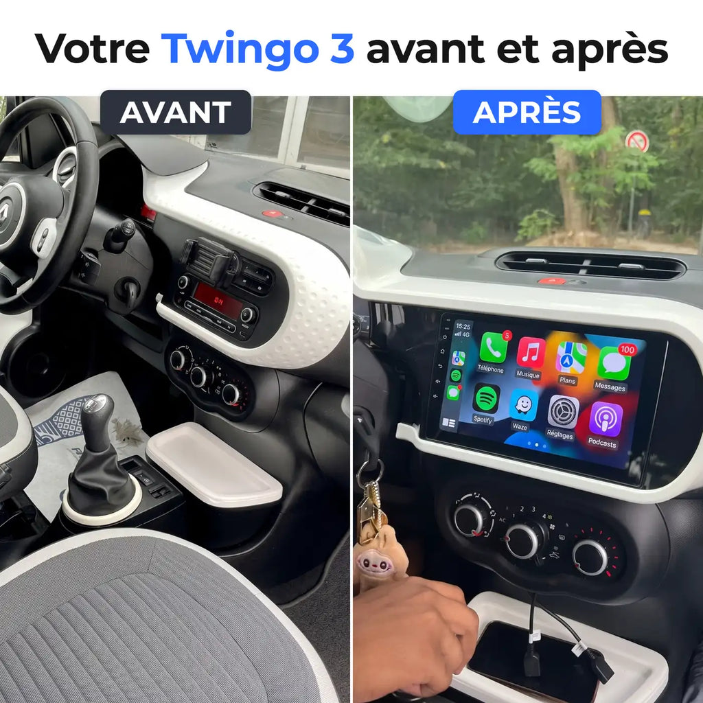 Tableau de bord de Renault Twingo 3 avant et après l'installation de l'autoradio CarPlay