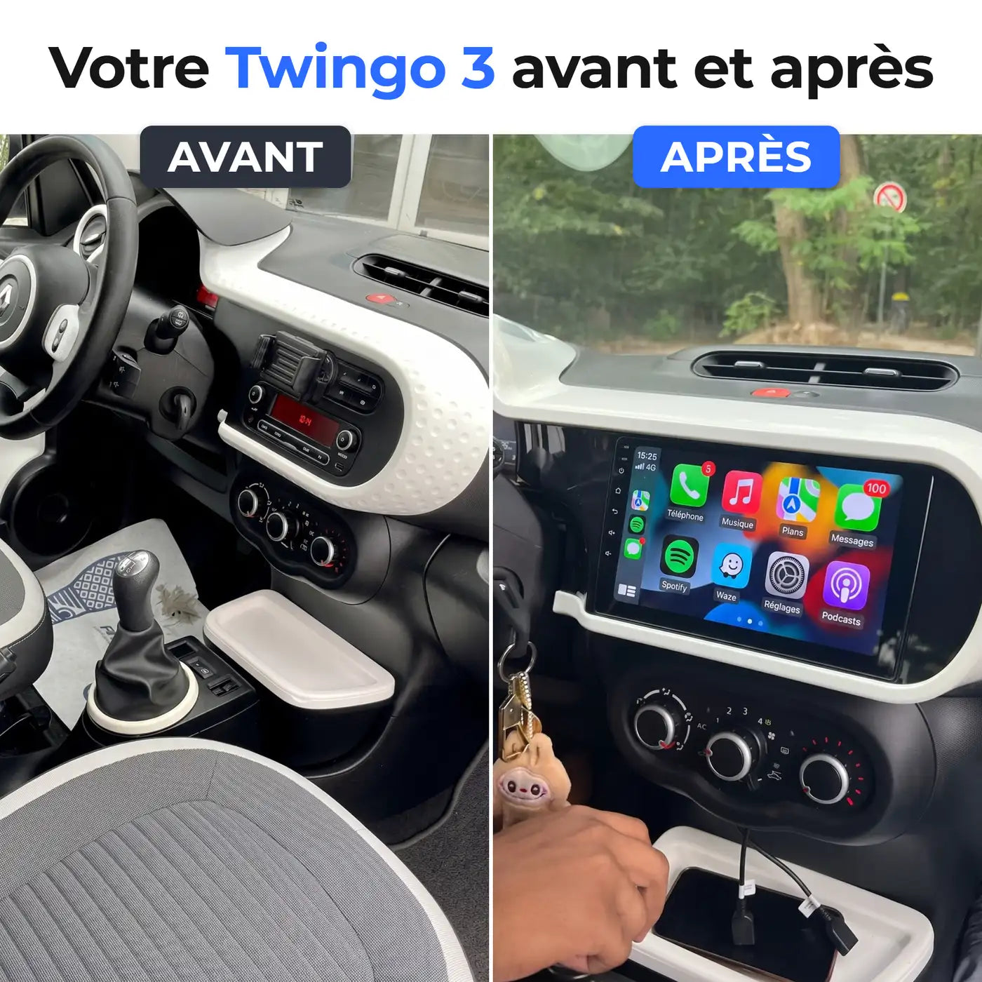 Tableau de bord de Renault Twingo 3 avant et après l'installation de l'autoradio CarPlay