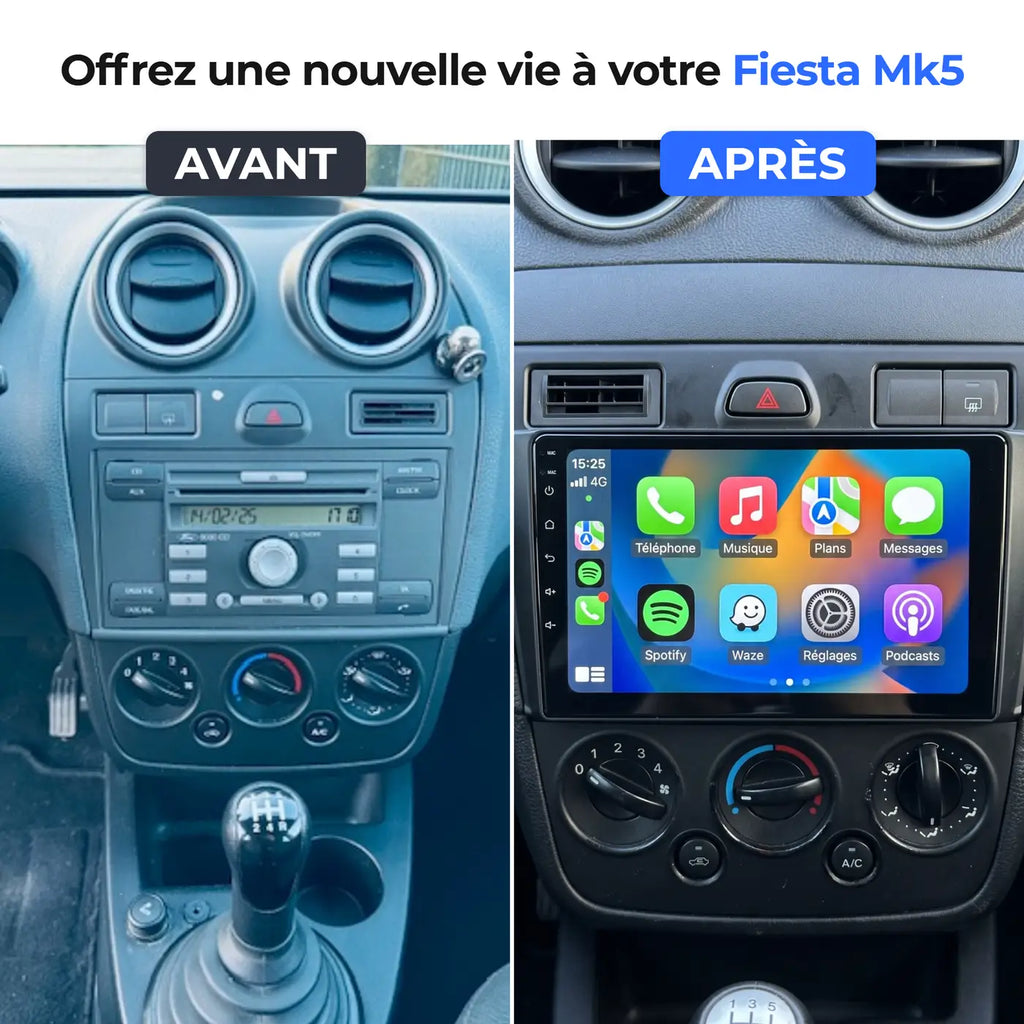 Comparaison avant et après remplacement de l'autoradio d'origine Ford 6000 CD par l'écran CarPlay sur une Ford Fiesta Mk5