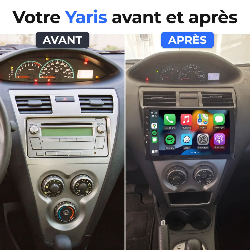 Comparaison de la console centrale d'une Toyota Yaris : autoradio d'origine à gauche, écran tactile CarPlay 9 pouces installé à droite