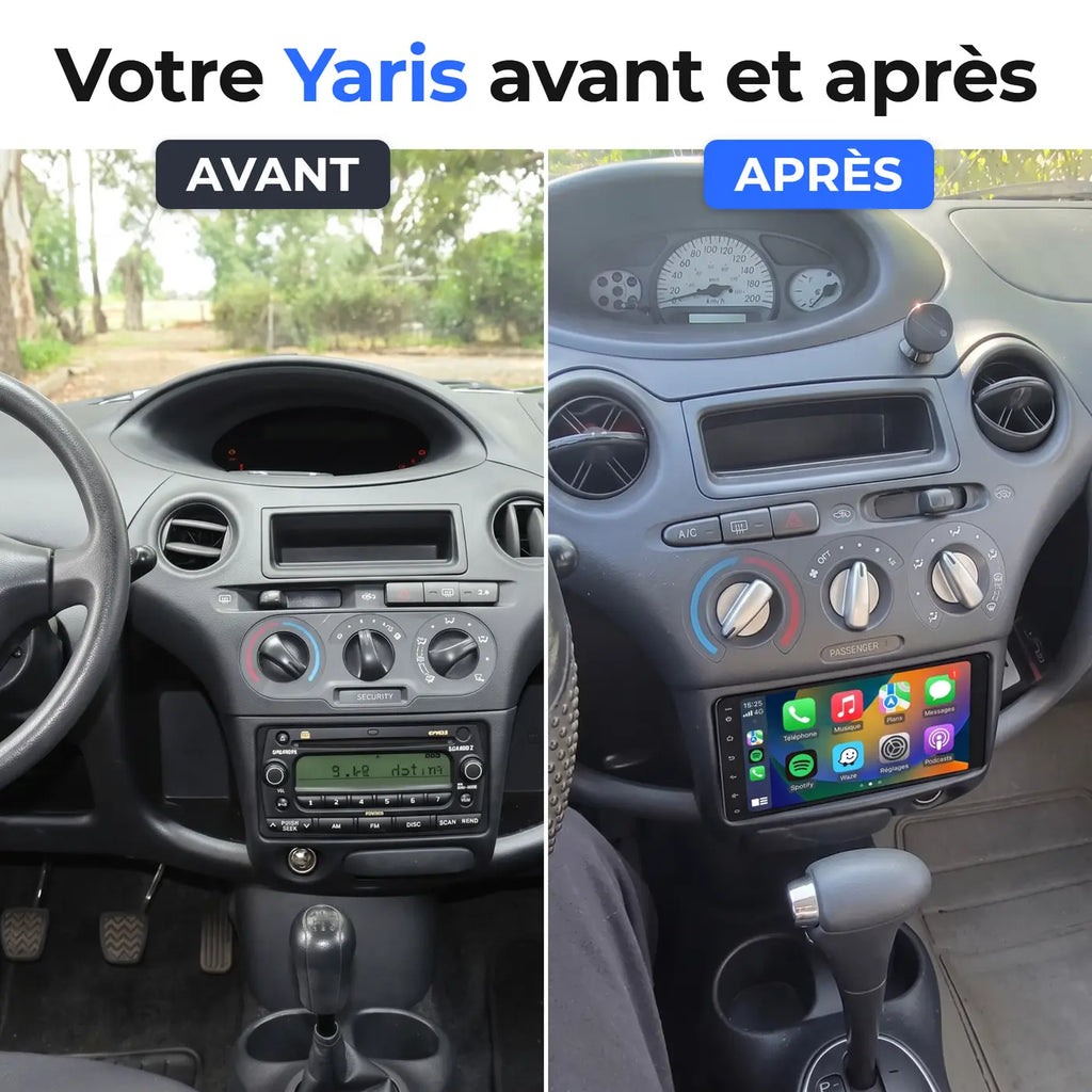 Comparaison avant et après : autoradio d'origine puis écran CarPlay dans une Toyota Yaris