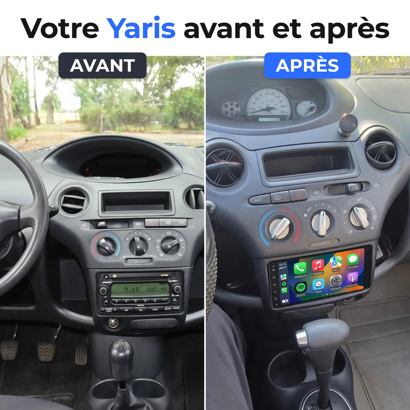 Comparaison avant et après : autoradio d'origine puis écran CarPlay dans une Toyota Yaris