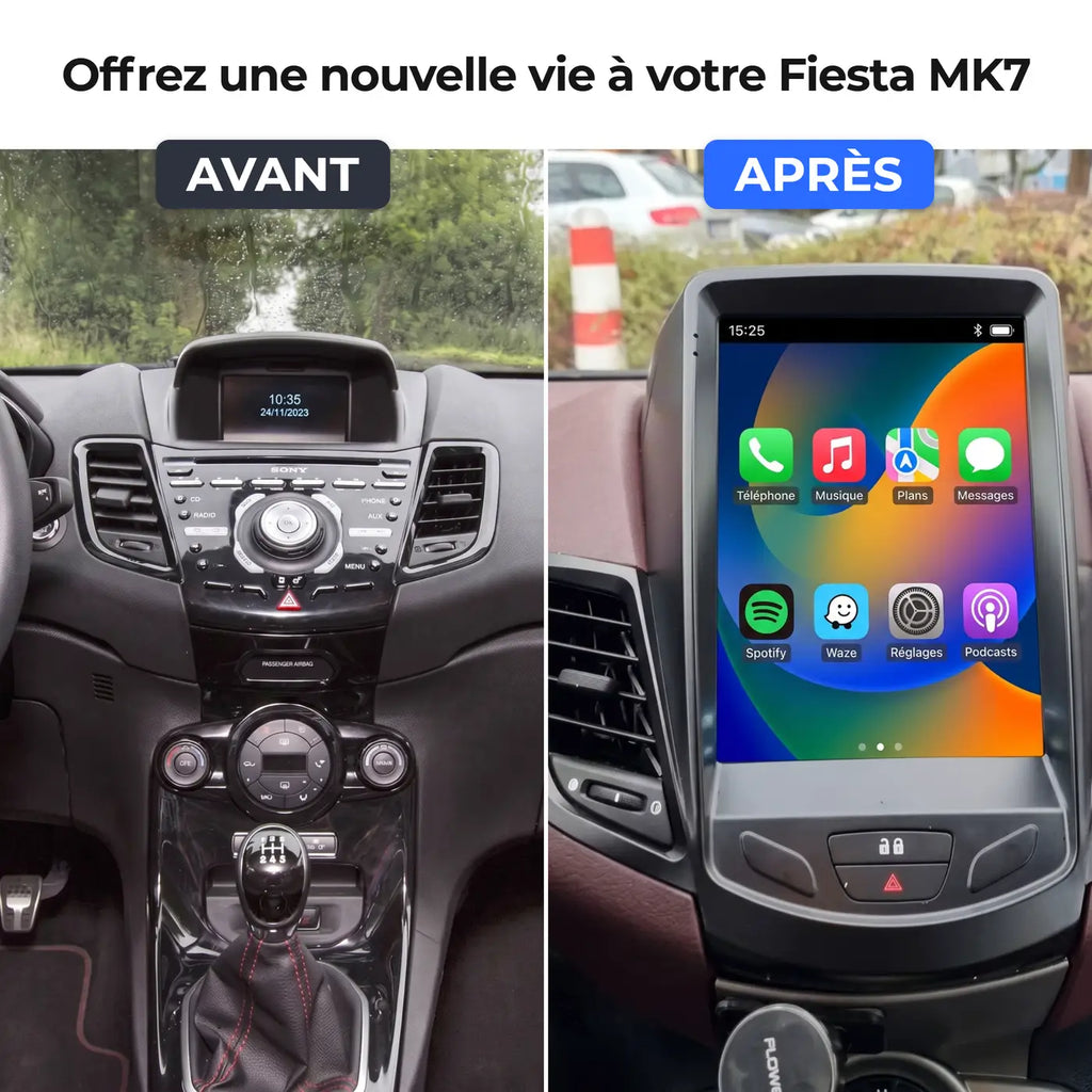Comparaison avant/après de l'installation d'un autoradio CarPlay vertical sur Ford Fiesta MK7 : autoradio d'origine à gauche, écran CarPlay installé à droite.