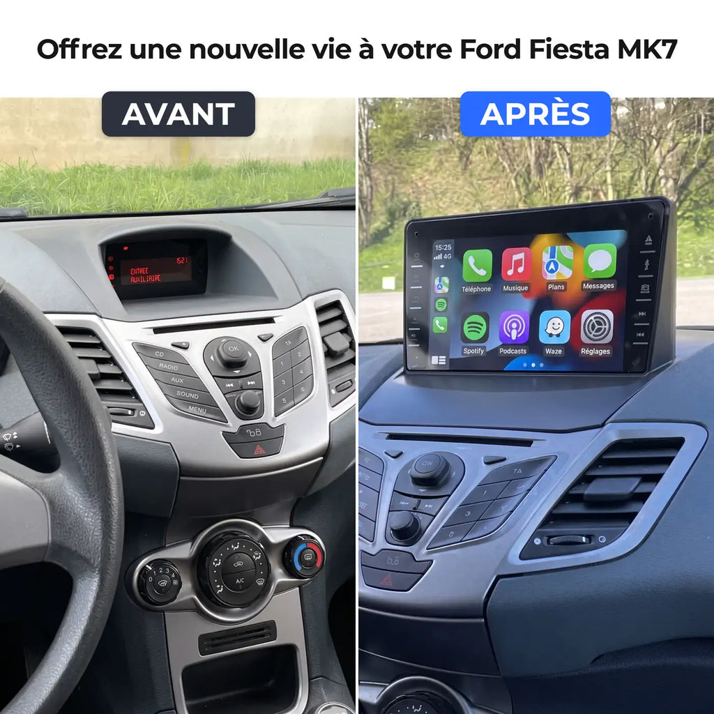 Comparatif avant/après de l'autoradio d'une Ford Fiesta MK7 : à gauche l'autoradio d'origine, à droite l'écran CarPlay installé