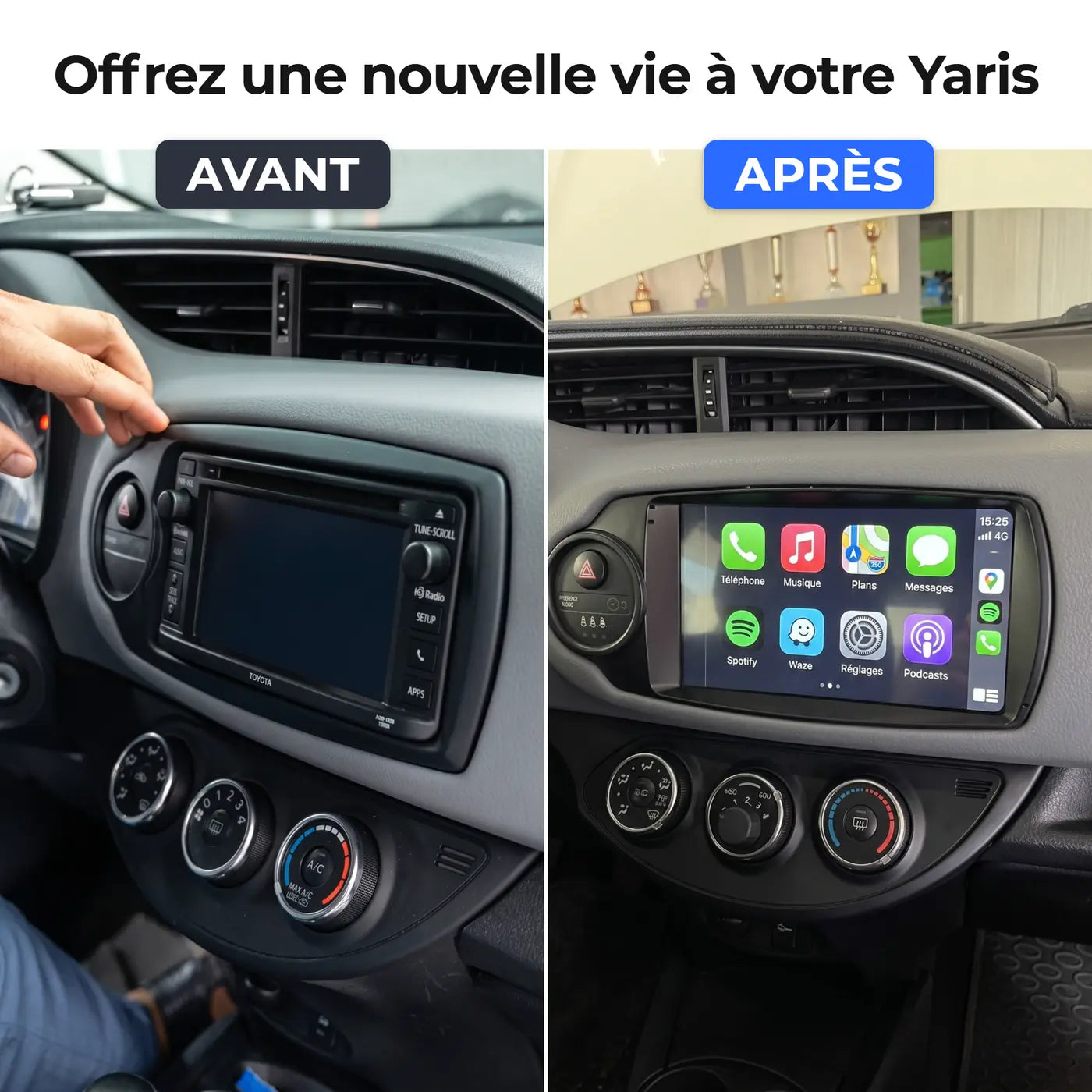 Comparatif avant/après : autoradio d'origine Toyota Yaris à gauche, écran CarPlay installé à droite