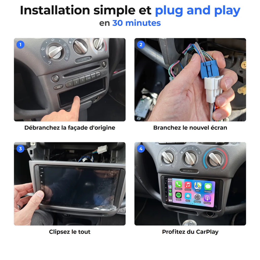Les 4 étapes d'installation de l'autoradio CarPlay sur une Toyota Yaris, du démontage à la mise en route