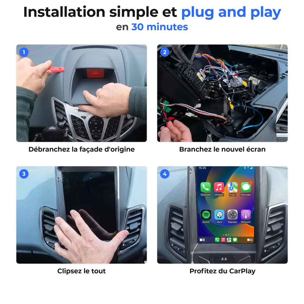 Les 4 étapes d'installation de l'autoradio CarPlay sur Ford Fiesta MK7 : débranchement de la façade d'origine, branchement, clipsage et écran CarPlay en fonctionnement.