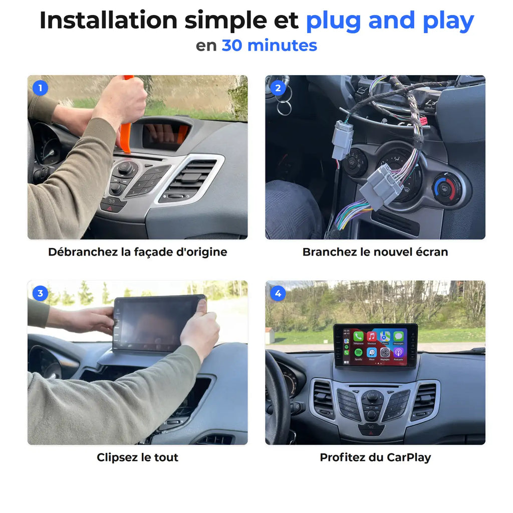 Les 4 étapes d'installation de l'autoradio CarPlay sur une Ford Fiesta MK7 : façade d'origine, branchement, clipsage et écran CarPlay