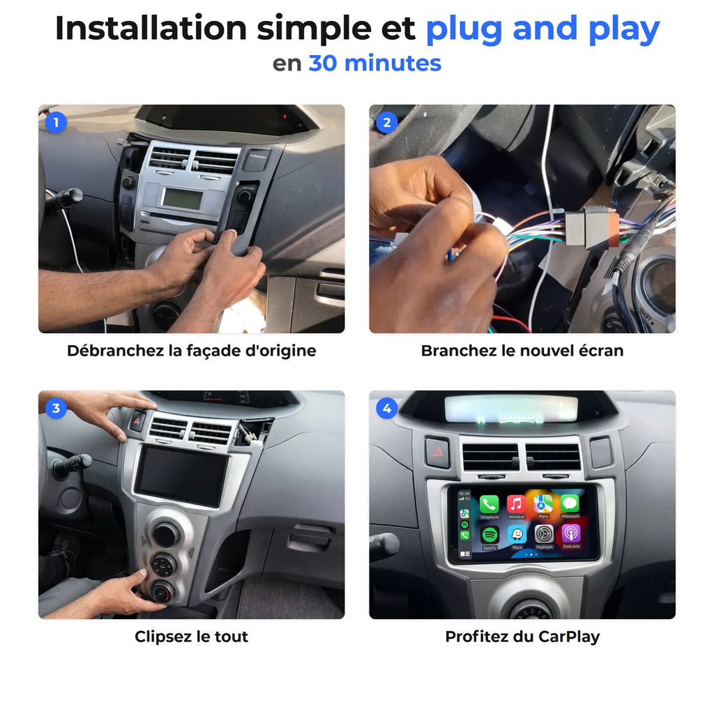 Les quatre étapes de l'installation de l'écran CarPlay sur une Toyota Yaris : dépose de la façade d'origine, branchement du faisceau, clipsage de l'entourage, écran en fonctionnement