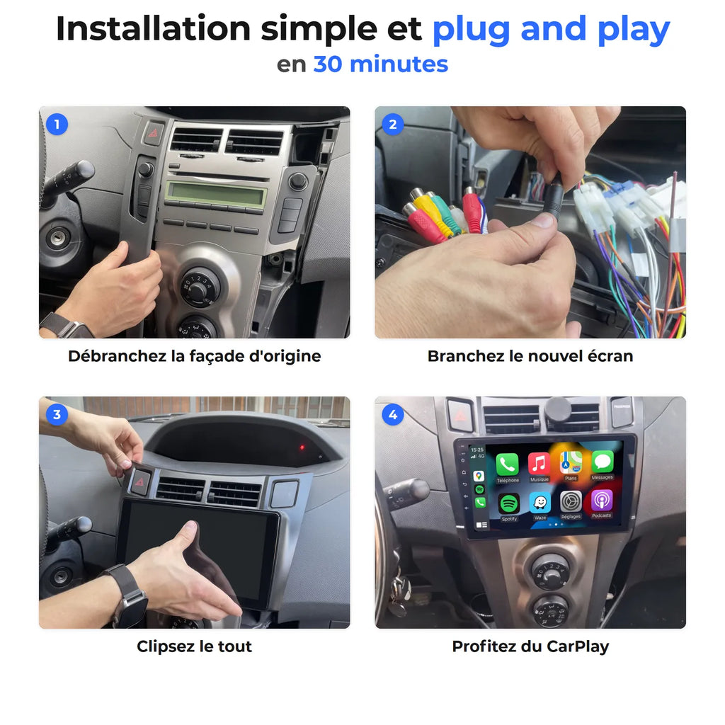 Les quatre étapes du montage de l'autoradio CarPlay sur une Toyota Yaris : dépose de la façade d'origine, branchement du faisceau, mise en place de l'écran et écran allumé