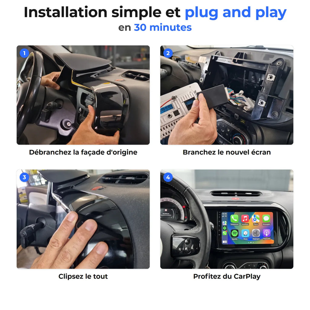 Installation de l'autoradio CarPlay sur Renault Twingo 3 en 4 étapes, branchement sur la prise d'origine