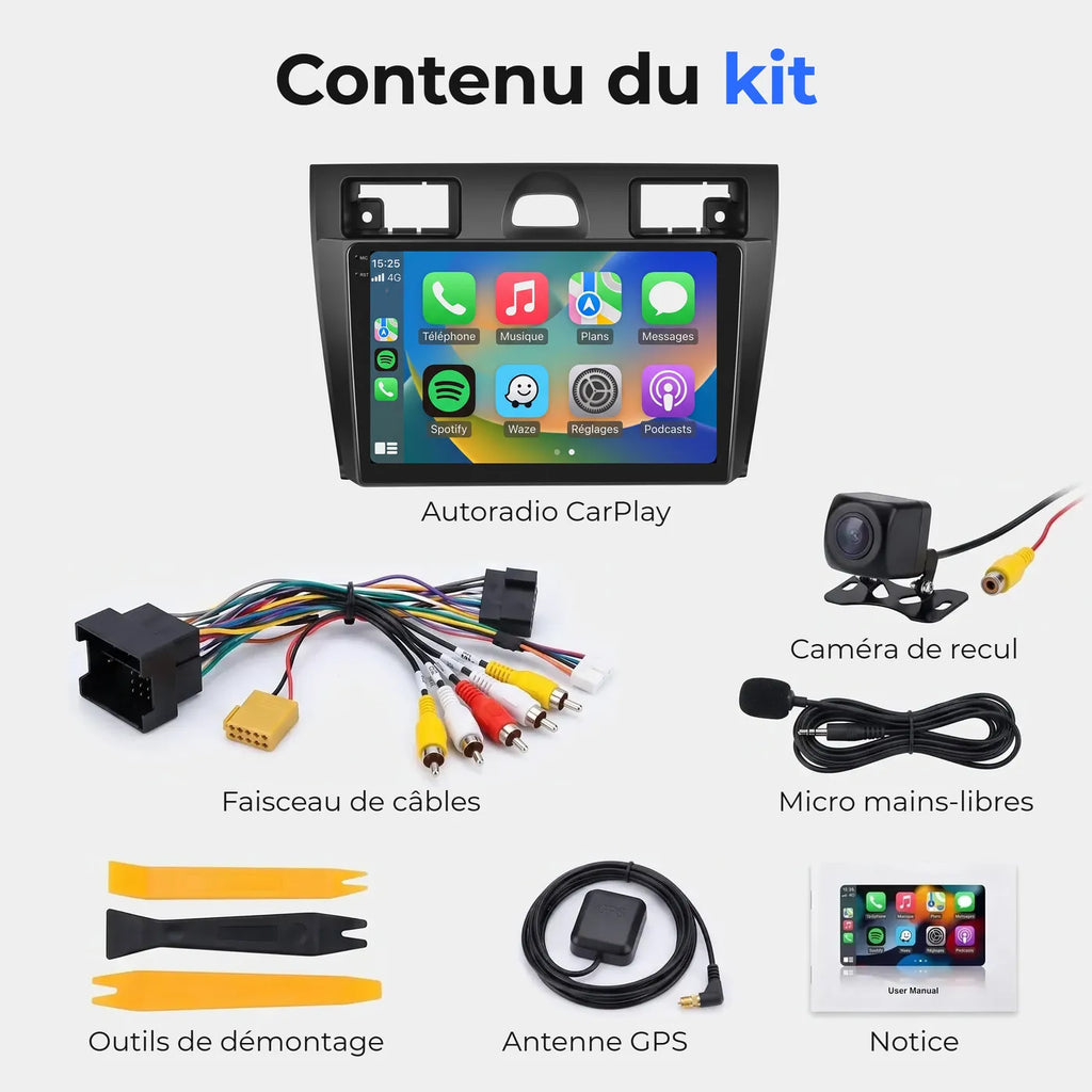 Contenu du kit autoradio CarPlay pour Ford Fiesta Mk5 : autoradio, faisceau de câbles, caméra de recul, micro mains-libres, outils de démontage, antenne GPS et notice