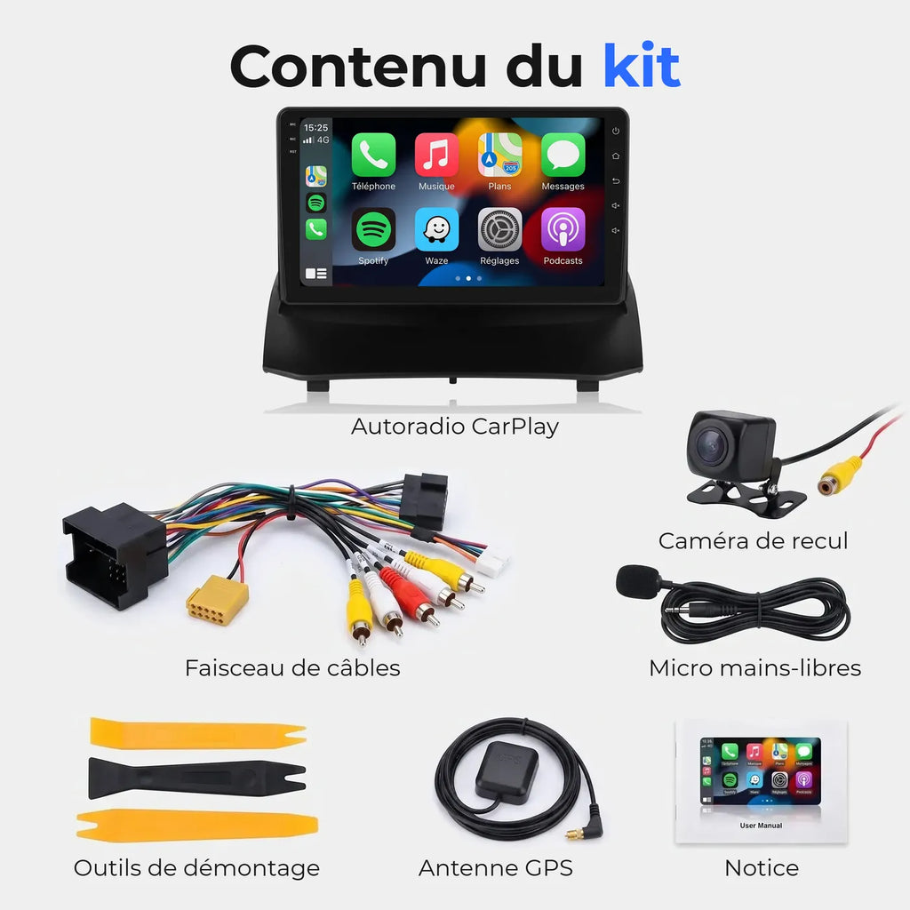 Contenu du kit autoradio CarPlay pour Ford Fiesta MK7 : autoradio, faisceau de câbles, caméra de recul, micro mains-libres, outils de démontage, antenne GPS et notice