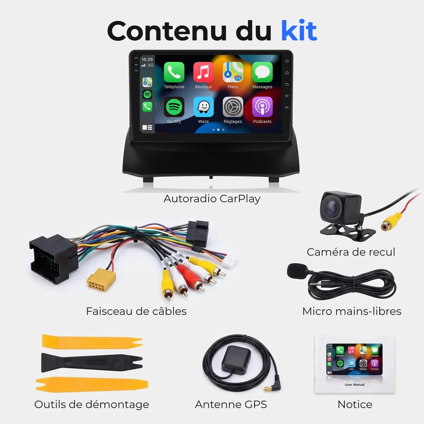 Contenu du kit autoradio CarPlay pour Ford Fiesta MK7 : autoradio, faisceau de câbles, caméra de recul, micro mains-libres, outils de démontage, antenne GPS et notice