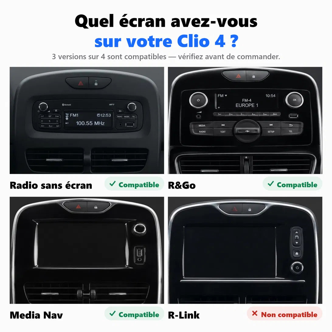 Les quatre autoradios d'origine de la Renault Clio 4 : radio sans écran, R&Go et Media Nav compatibles, R-Link non compatible