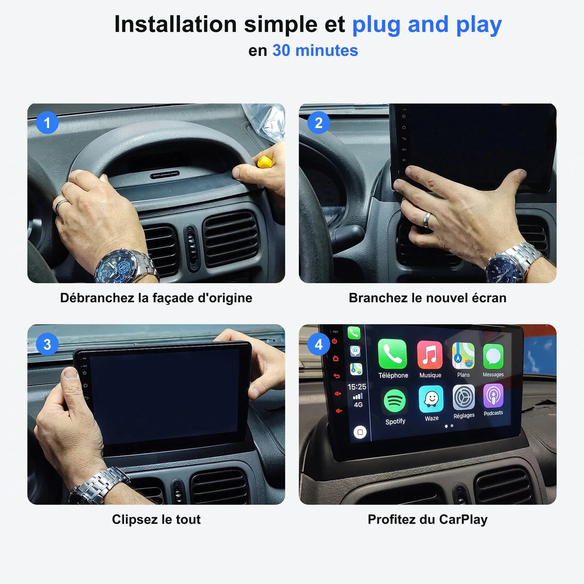 Installation de l'autoradio CarPlay en 4 étapes, plug and play en 30 minutes
