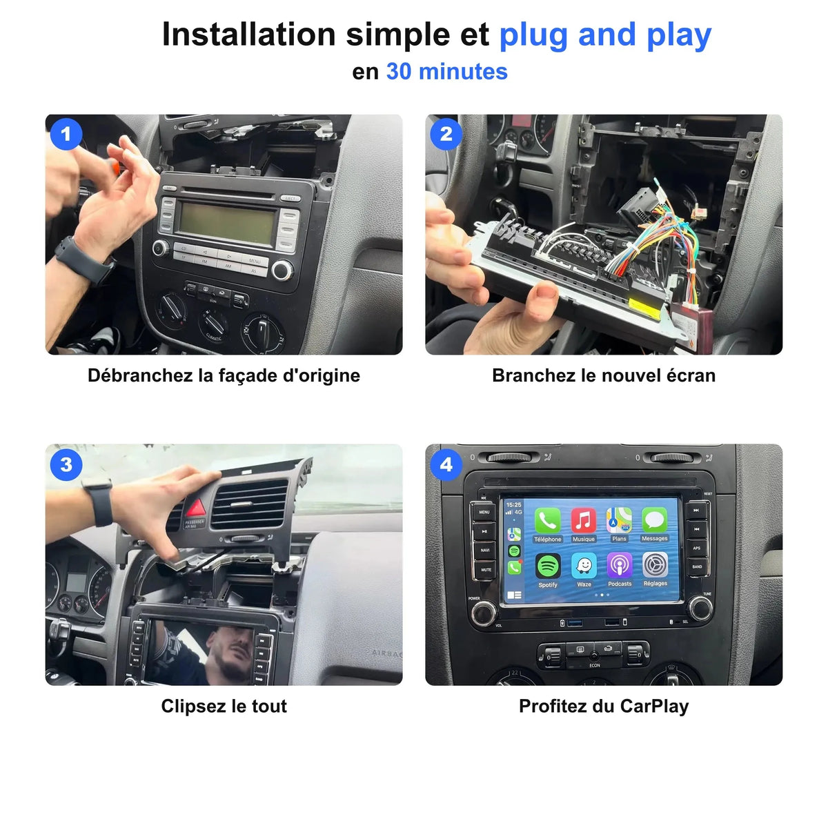 Installation de l'autoradio CarPlay en 4 étapes, plug and play en 30 minutes