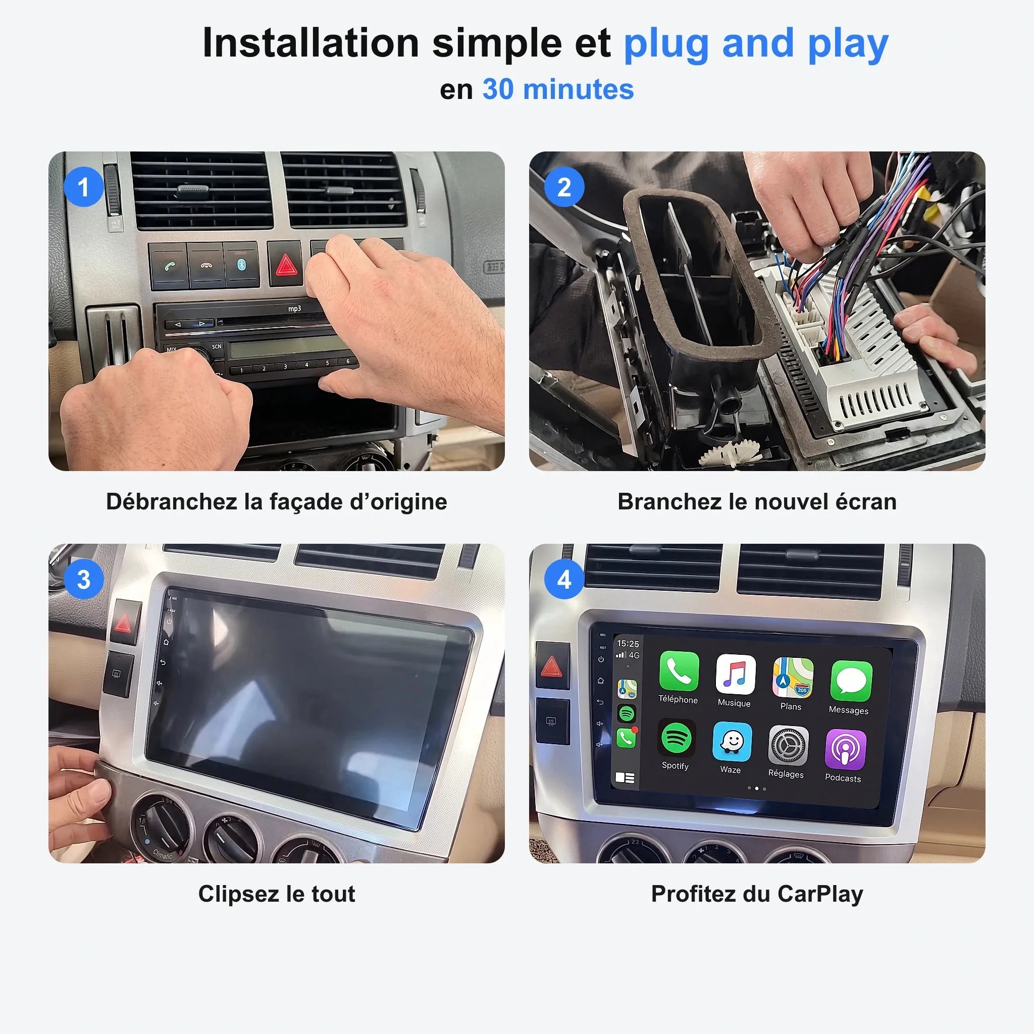 Installation de l'autoradio CarPlay en 4 étapes, plug and play en 30 minutes