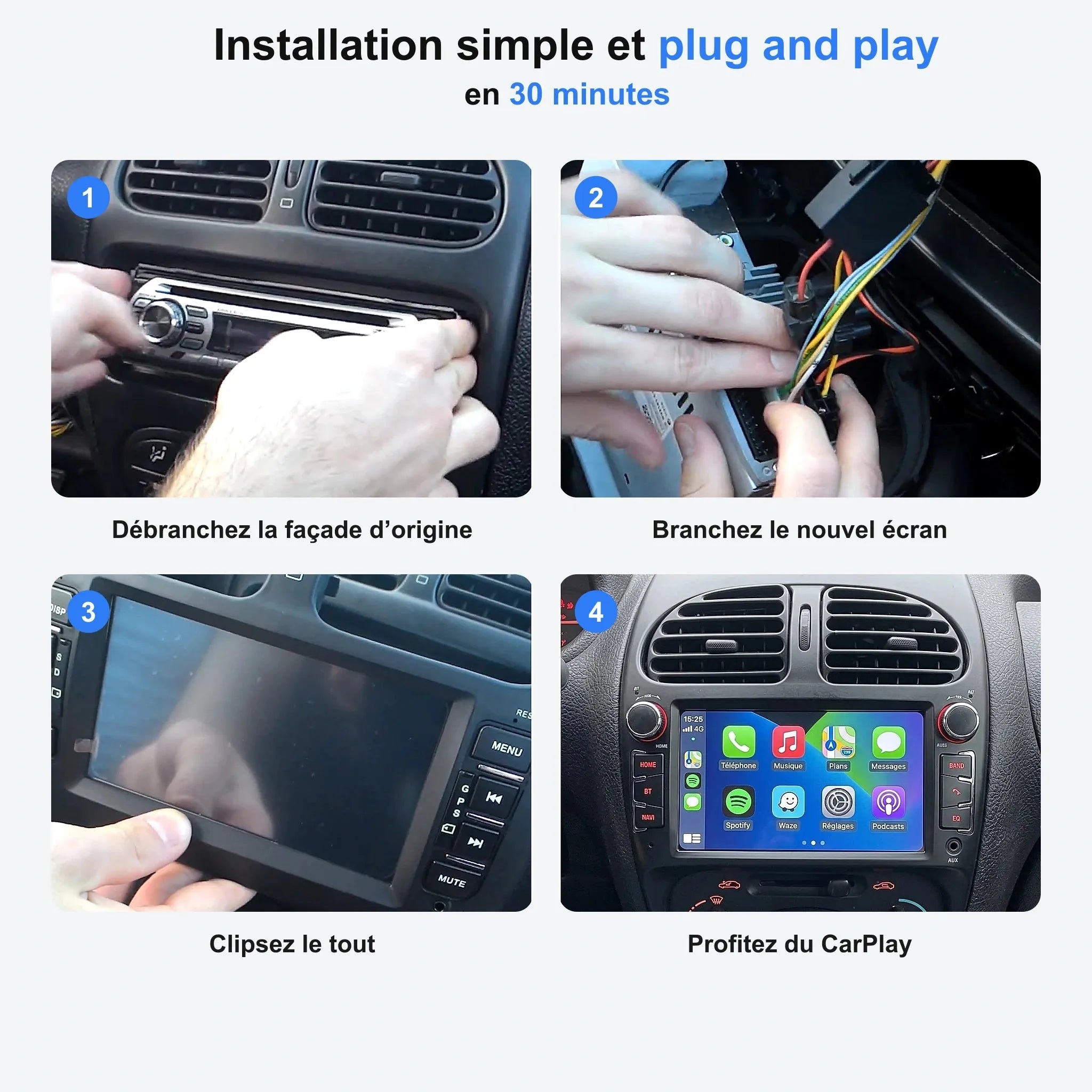 Installation de l'autoradio CarPlay en 4 étapes, plug and play en 30 minutes