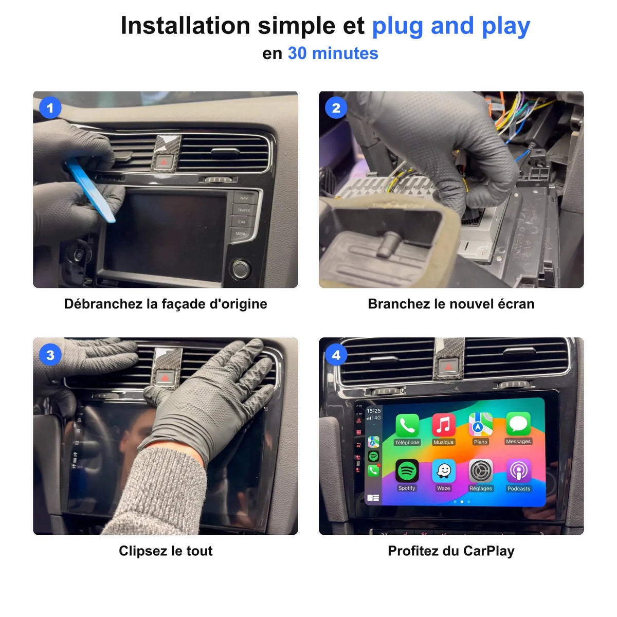 Installation de l'autoradio CarPlay en 4 étapes, plug and play en 30 minutes