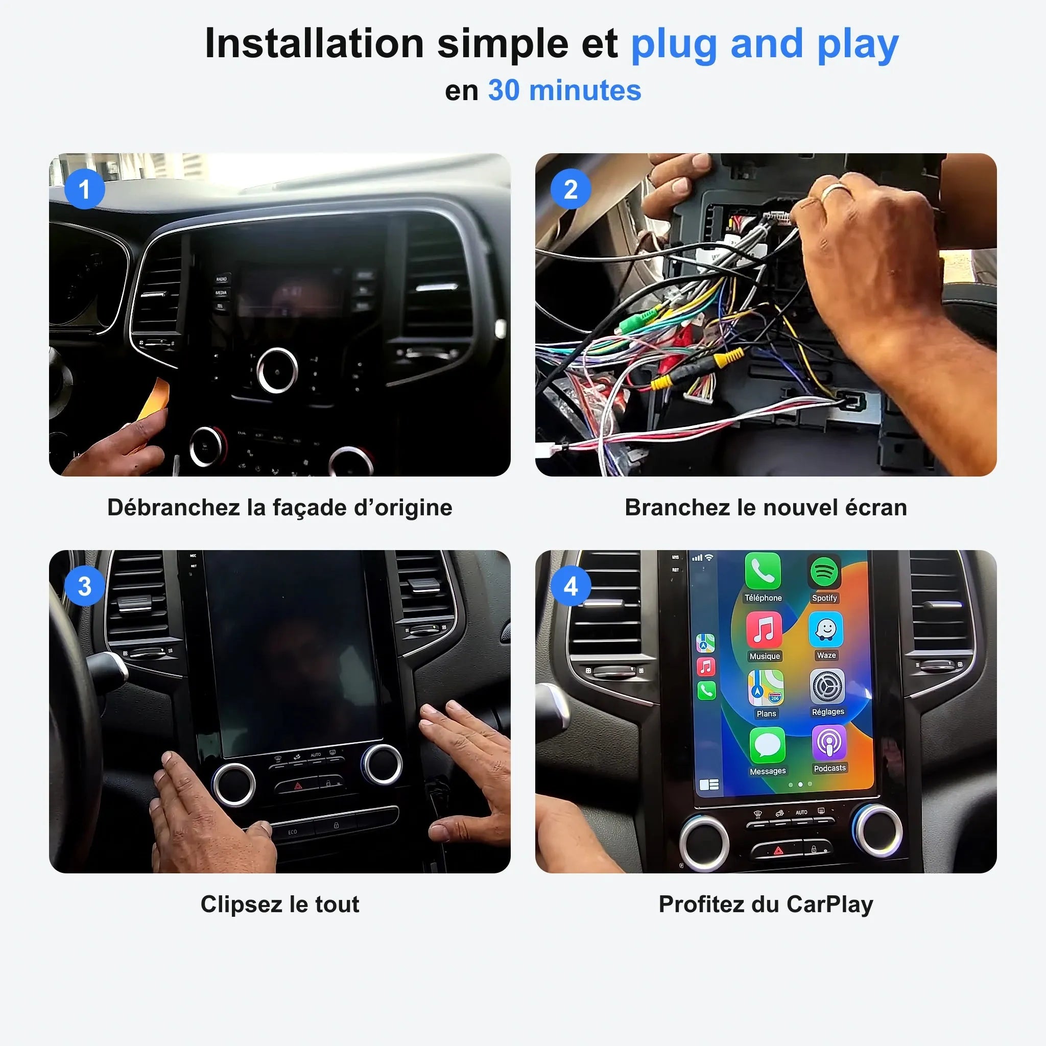 Installation de l'autoradio CarPlay en 4 étapes, plug and play en 30 minutes