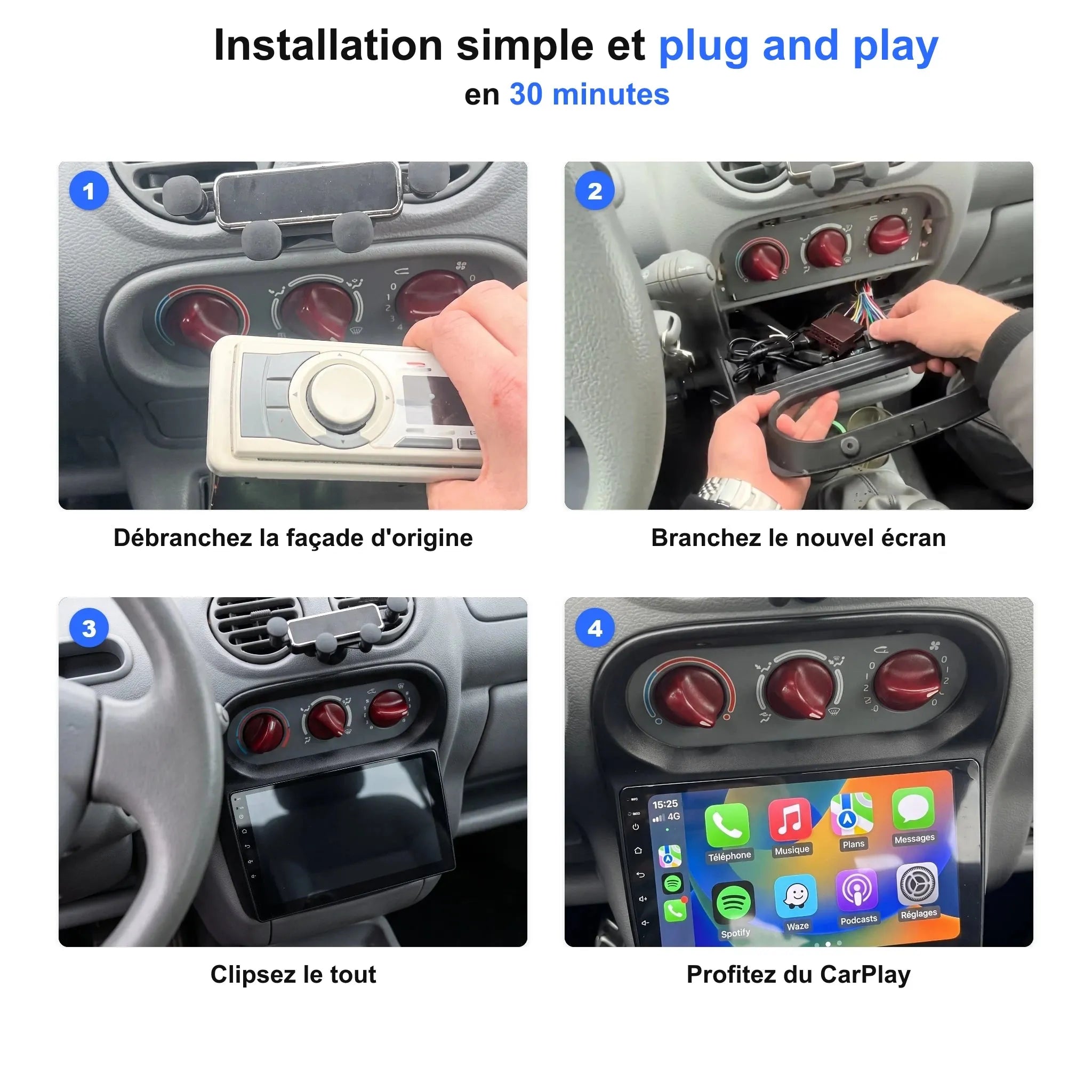 Installation de l'autoradio CarPlay en 4 étapes, plug and play en 30 minutes