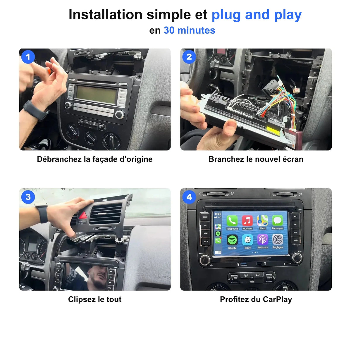 Installation de l'autoradio CarPlay en 4 étapes, plug and play en 30 minutes