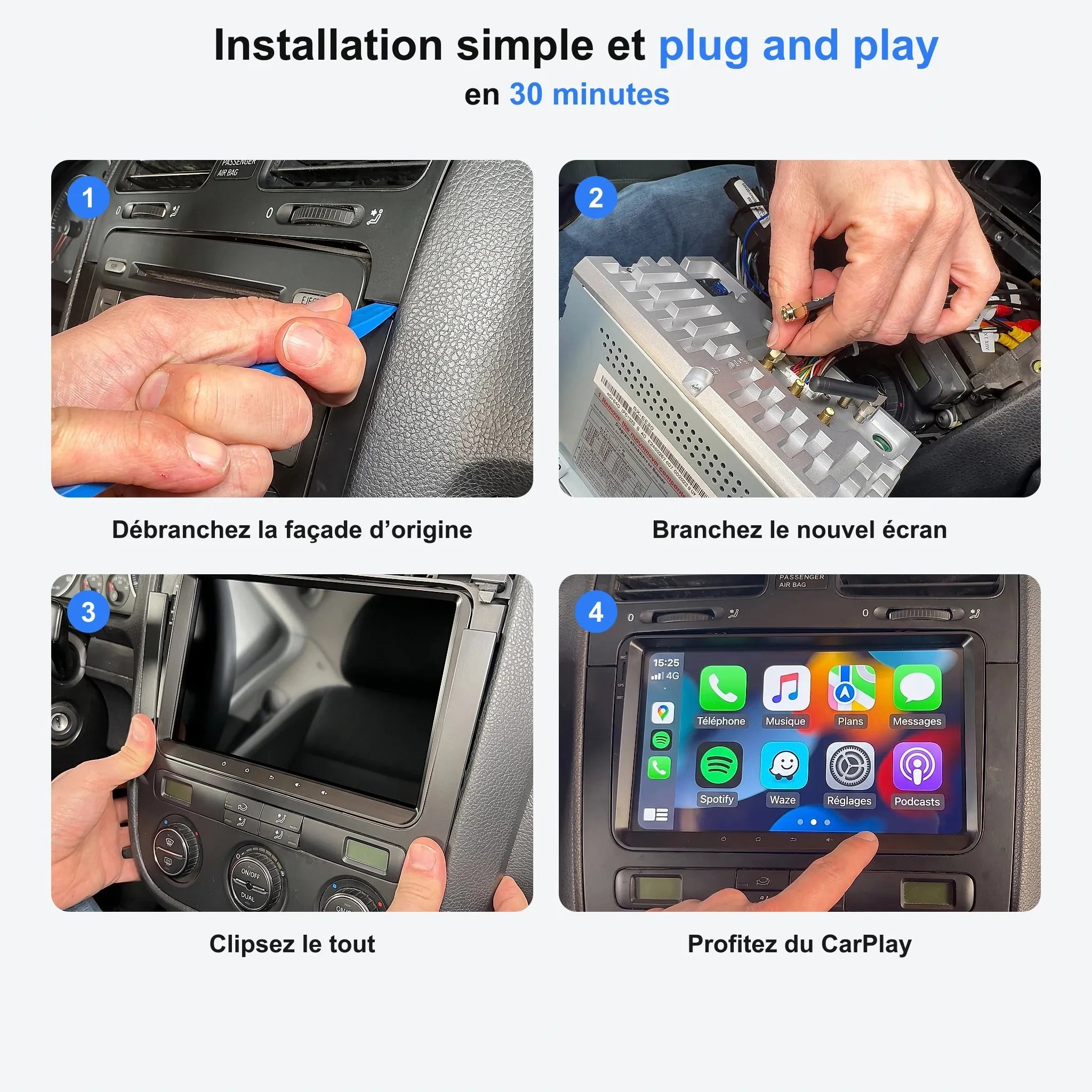Installation de l'autoradio CarPlay en 4 étapes, plug and play en 30 minutes