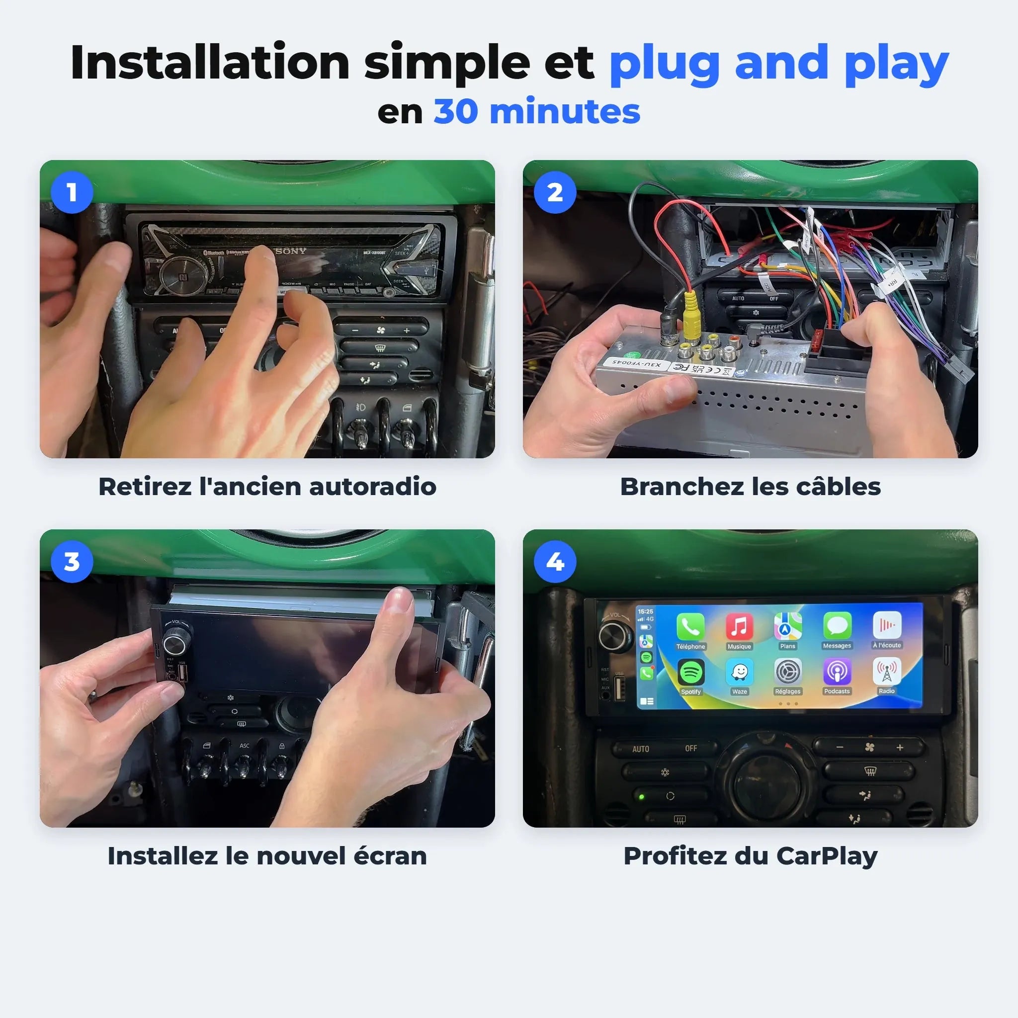 Installation de l'autoradio 1 DIN en 4 étapes, plug and play en 30 minutes