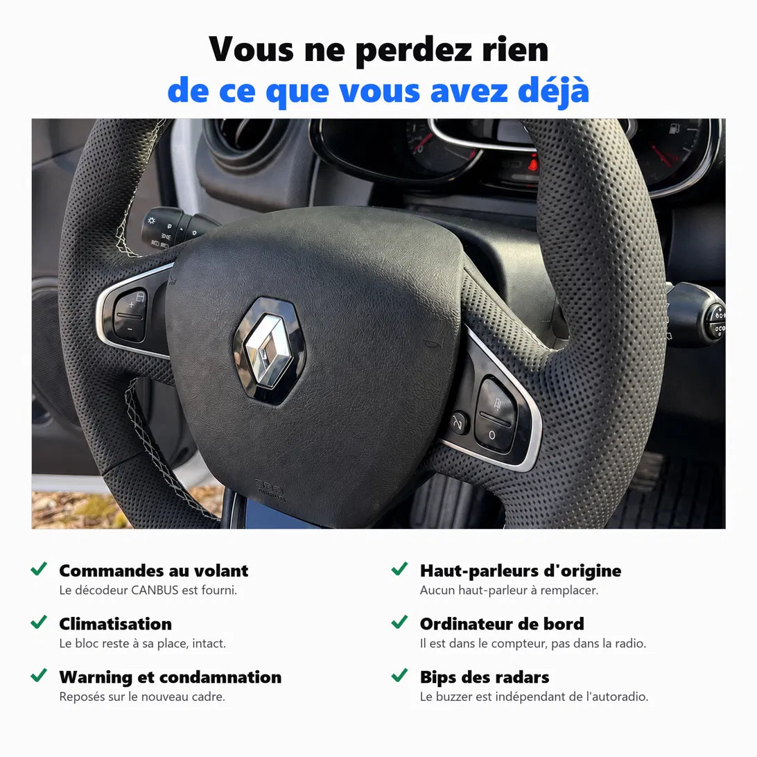 Commandes au volant, climatisation, ordinateur de bord et haut-parleurs d'origine de la Clio 4 conservés après la pose