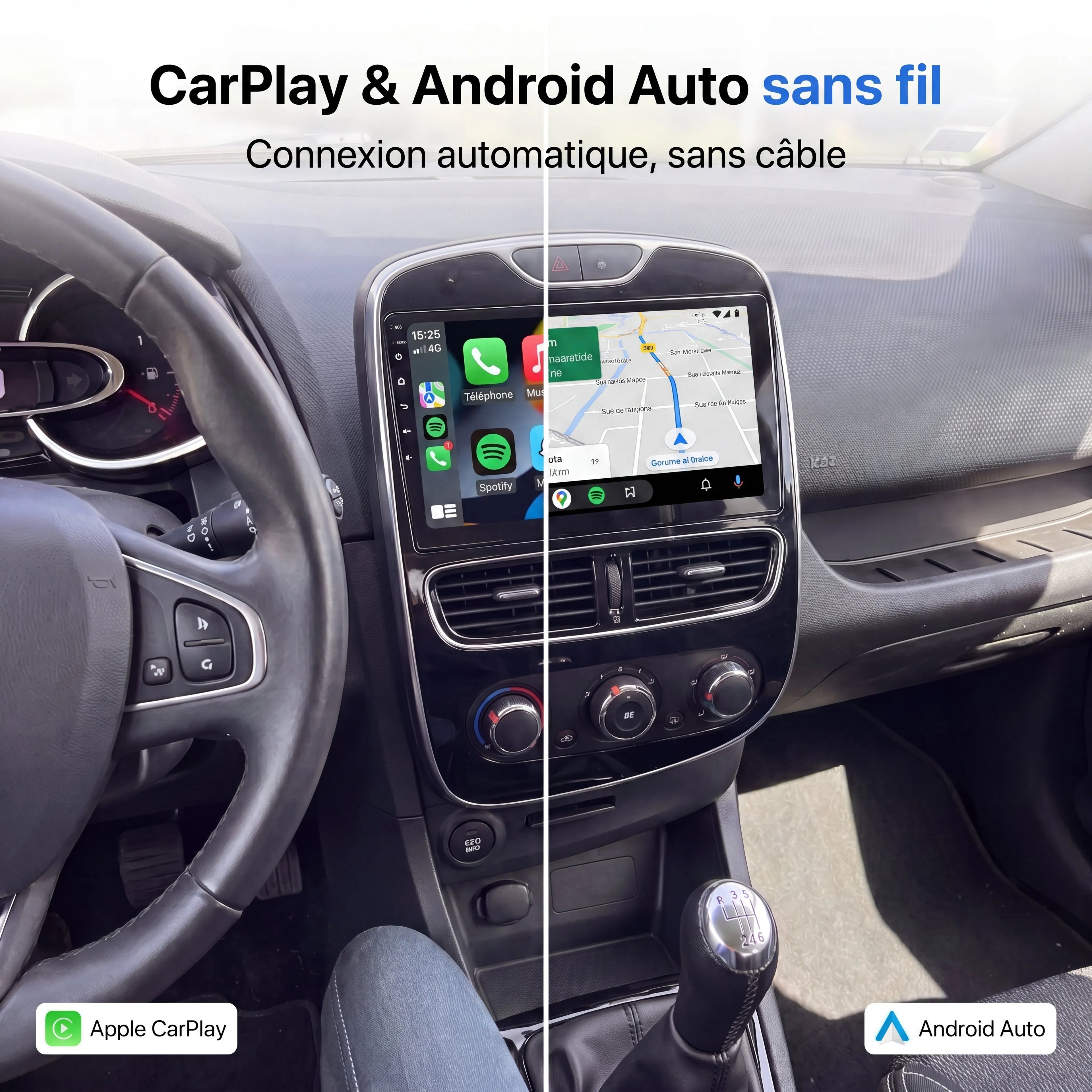 CarPlay et Android Auto sans fil affichés sur l'autoradio d'une Renault Clio 4