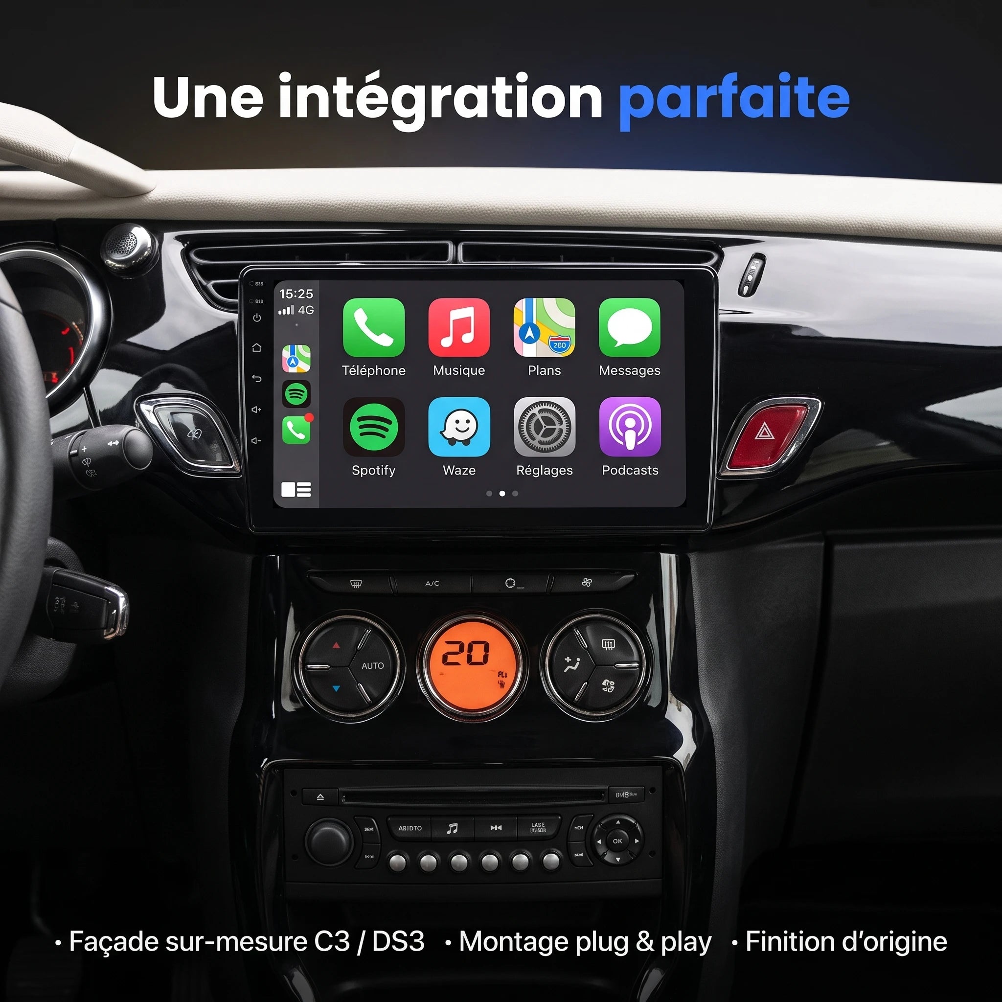 Autoradio CarPlay Citroën C3 / DS3 (2010-2016) – autoradio CarPlay installé, façade sur-mesure