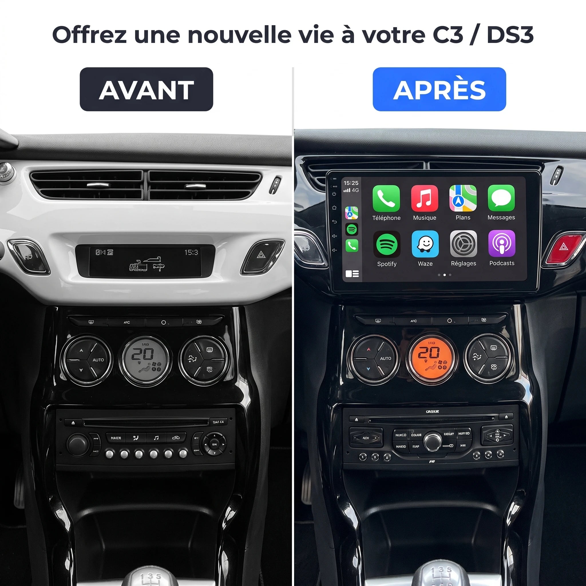 Autoradio CarPlay Citroën C3 / DS3 (2010-2016) – avant / après installation CarPlay