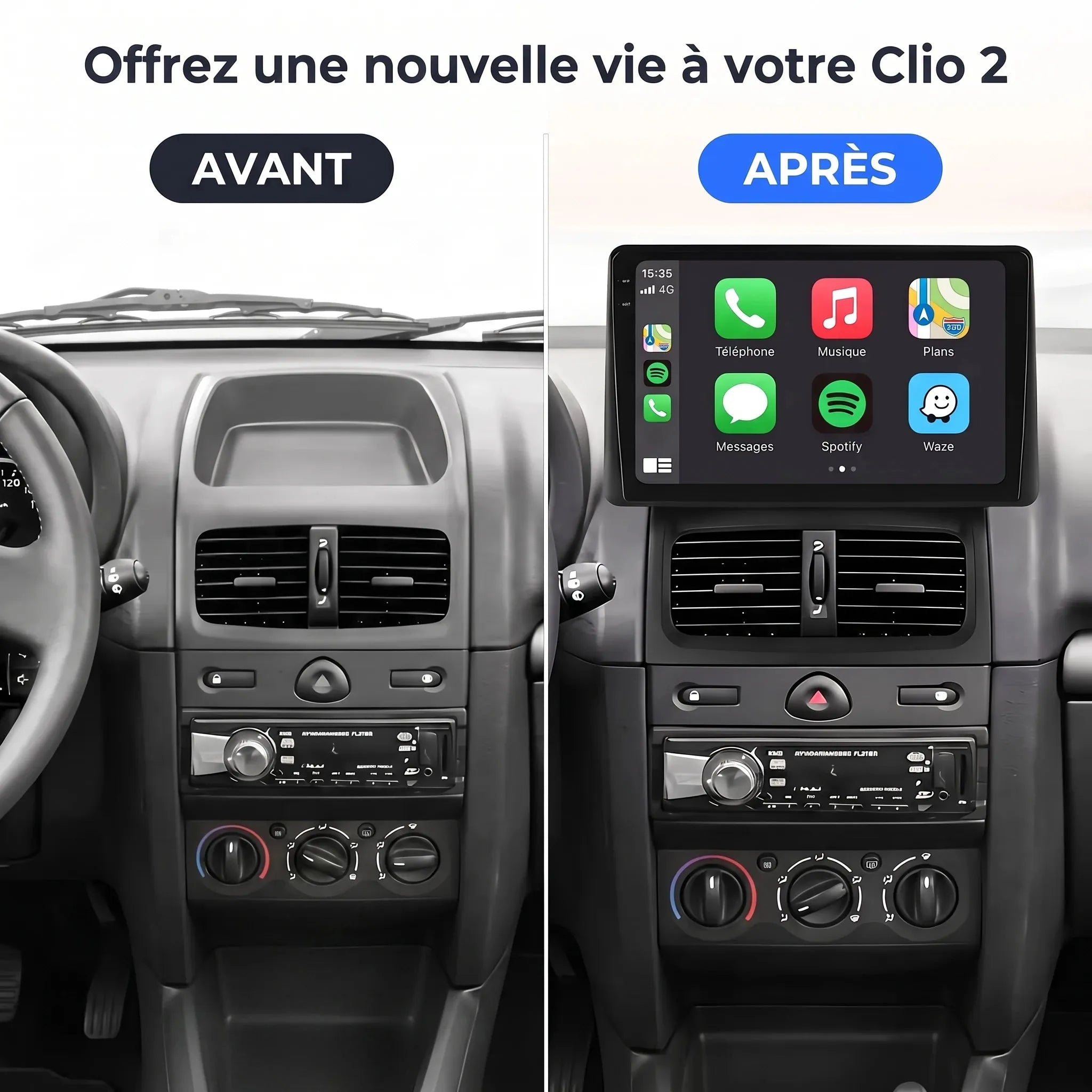 Autoradio CarPlay Renault Clio 2 (2000-2012) – avant / après installation CarPlay