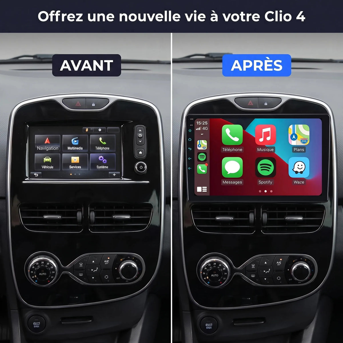 Autoradio CarPlay Renault Clio 4 (2012-2019) – avant / après installation CarPlay