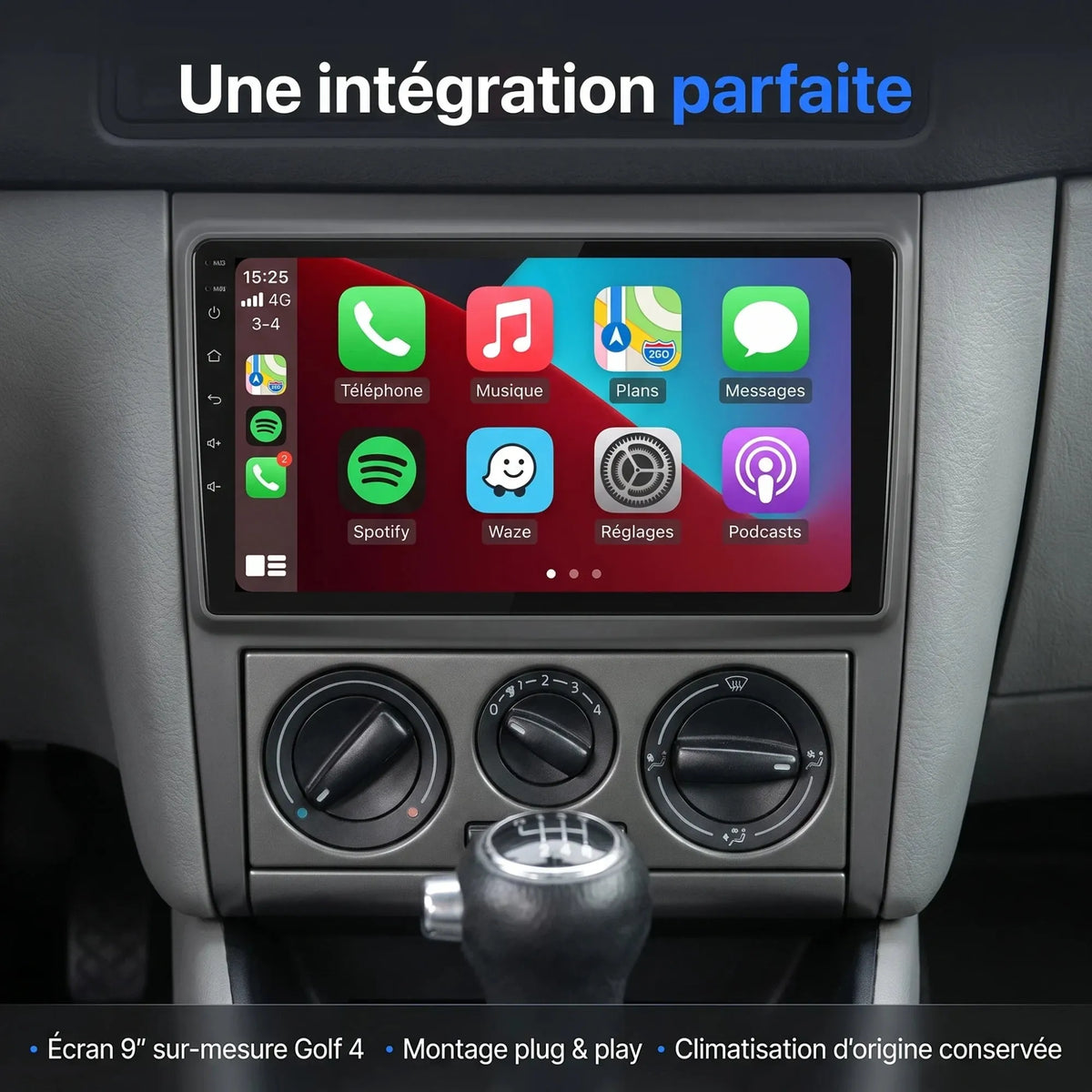 Autoradio CarPlay Golf 4, intégration écran 9 pouces sur-mesure