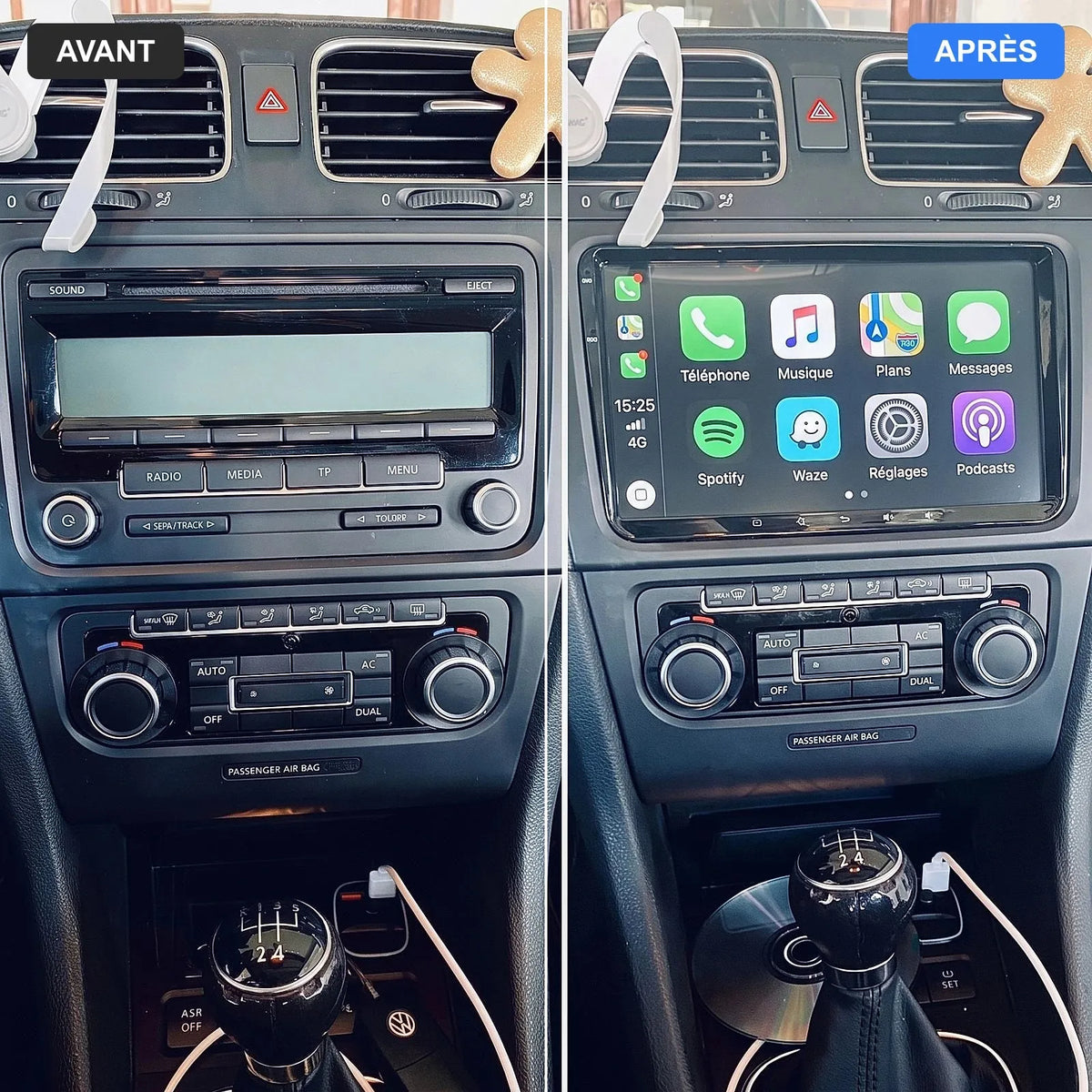 Avant / Après : ancien autoradio VW Golf 5 remplacé par un écran CarPlay 9 pouces