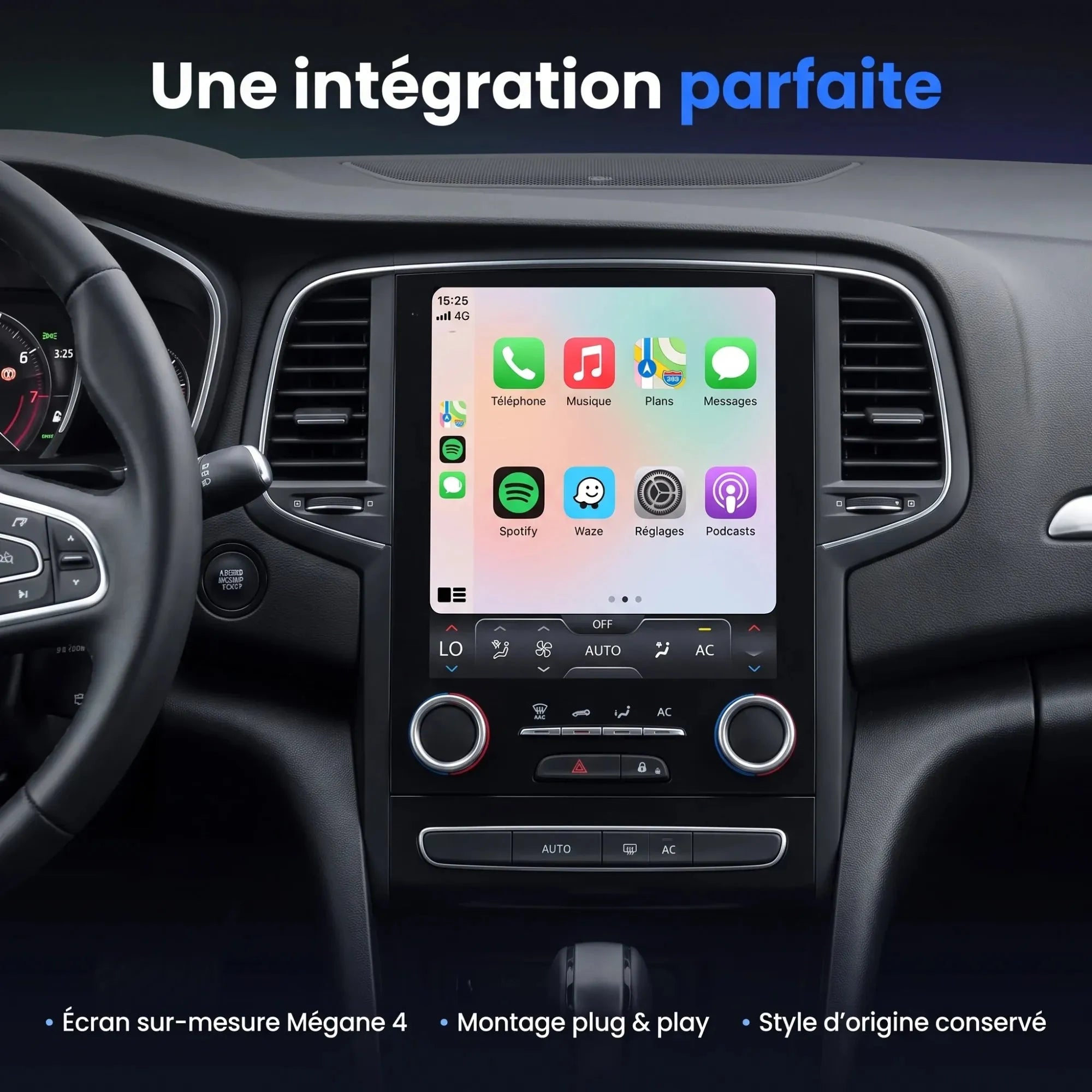 Autoradio CarPlay Mégane 4 installé, façade sur-mesure
