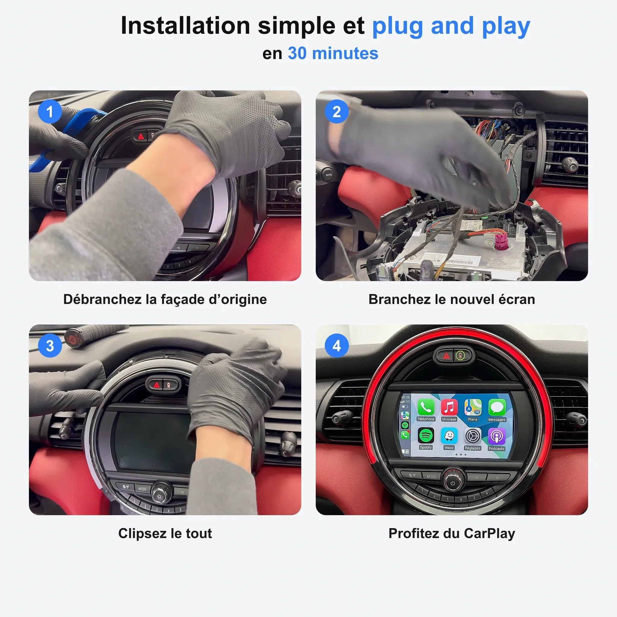 Installation plug and play en 4 étapes de l'autoradio CarPlay Mini Cooper F56