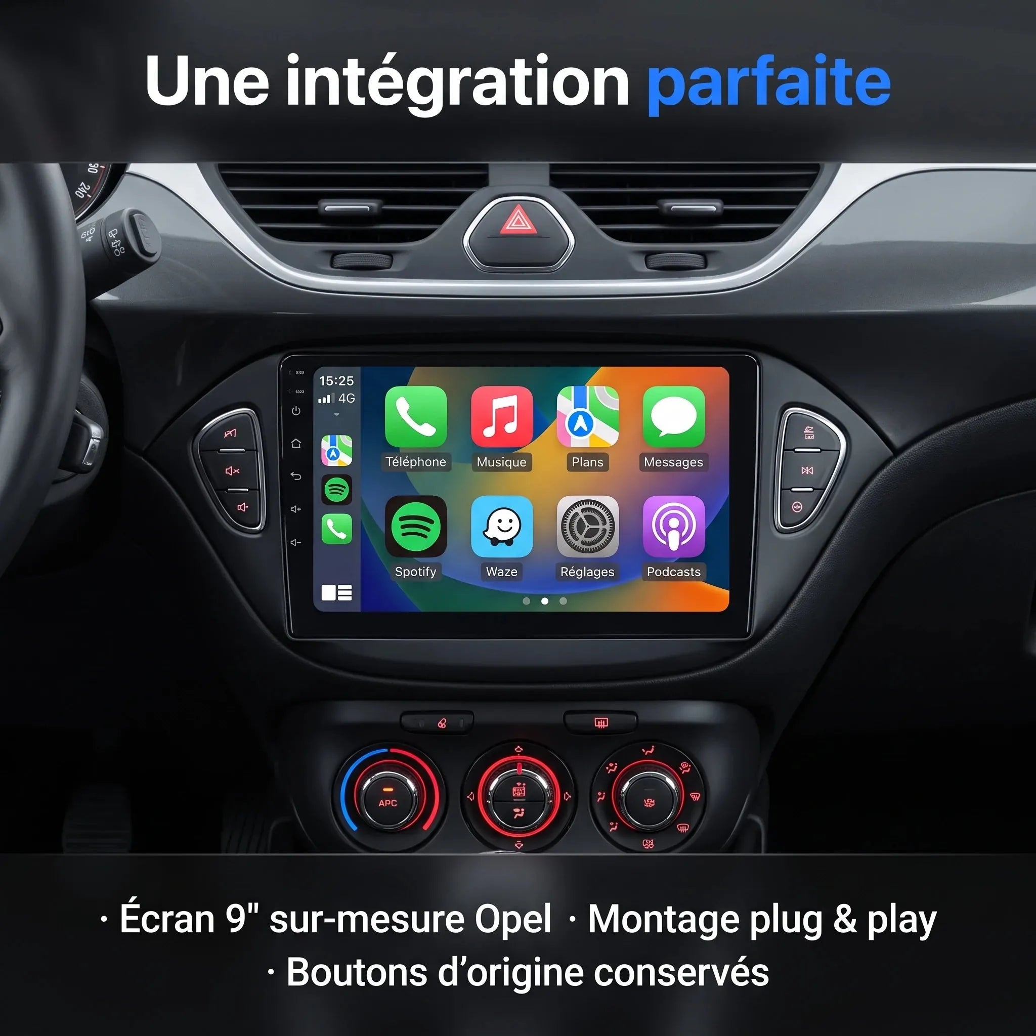 Autoradio CarPlay Opel Corsa E installé, intégration façade sur-mesure