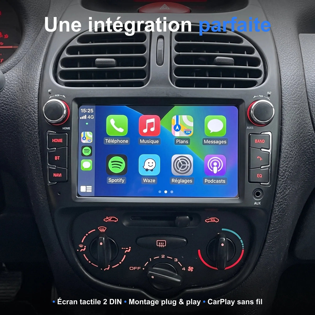 Autoradio CarPlay Peugeot 206 installé, intégration façade
