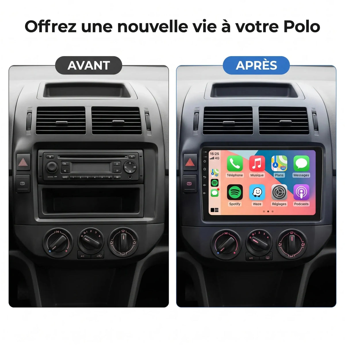 VW Polo 4 avant / après installation de l'autoradio CarPlay