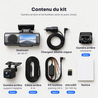 Dashcam voiture 4K Discrète – Wi-Fi, caméra arrière 1080P en option, mode parking 10